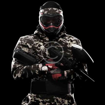 welcome1 Heavily armed masked paintball soldier isolated on black background. Ad concept. Copy space.
